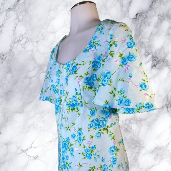 Handmade Vintage Baby Blue Rose Print Floral Prairie Empire Waist Dress - Picture 4 of 12